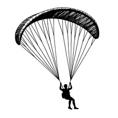 A person landing with parachute in stylized vertical composition with sketch effect. Concept of adventure and aerial sport - skydiving - parachuting - exploration