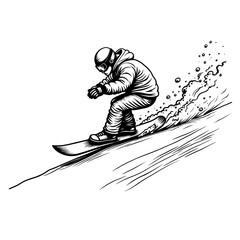 A snowboarder riding downhill with speed in expressive hand-drawn sketch style. Concept of winter sports and snowboarding season - extreme activity - snow adventure