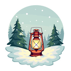 A glowing lantern placed on snowy ground with pine trees in circular winter background. Concept of warmth in winter night - outdoor holiday season - hope and coziness