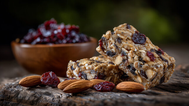 Macro-style shot of a nutritious nut and seed energy bar, rough textured surface clearly visible, dried fruits and almonds spread on rustic wood, shallow focus, high-detail commerc