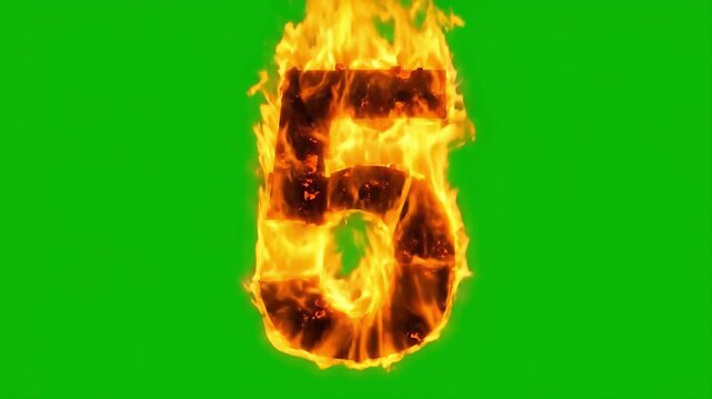 Burning fiery number five animation on green screen background for visual effects countdown or intense cinematic overlay graphics element