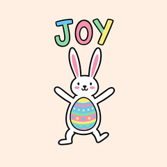 Fototapeta premium Cute white rabbit holding a colorful Easter egg with Joy text above, minimalist flat vector illustration for spring holiday celebration.