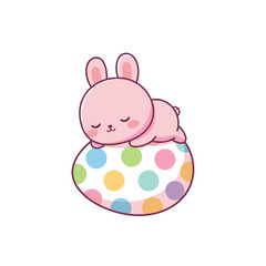 Cute Pink Bunny Sleeping on Colorful Polka Dot Easter Egg Vector Illustration, Kawaii Rabbit Character for Spring Holiday Season Greeting Card