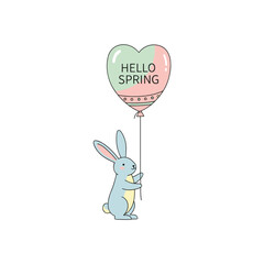 Kawaii Blue Bunny Holding Heart Shaped Balloon with Hello Spring Text, Cute Rabbit Character for Seasonal Greeting and Festive Celebration Decor
