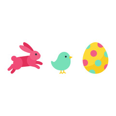 Minimalist Easter Elements Set with Pink Jumping Rabbit Green Chick and Yellow Patterned Egg, Flat Vector Icons for Spring Holiday Design Project