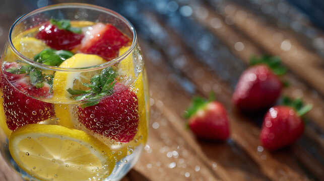 Macro-style close-up of a glass of fruit water with citrus slices and strawberries, condensation droplets on the glass, wooden tabletop texture visible, shallow depth of field, bri