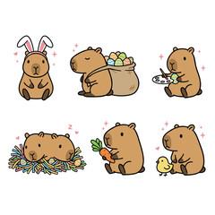Busy Capybara Easter Preparation Set Painting Eggs and Carrying Sacks for Spring Holiday Festive Activity and Mascot Design