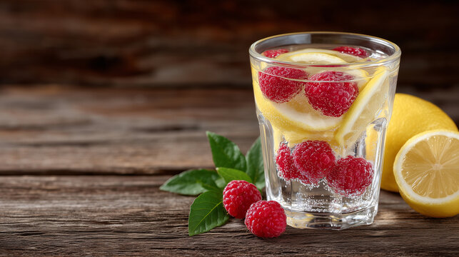 Clear glass of fruit water with sliced lemon and raspberries, resting on rustic wood, gentle highlights on glass, shallow depth of field, minimal blurred background, healthy refres