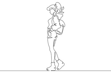Fototapeta premium Continuous single line drawing fashionable teenager girl. Stylish young woman on a walk.Linear.One continuous line isolated minimalist illustration. Not AI.