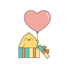 Cute Little Yellow Chick Popping Out of a Colorful Gift Box Holding a Pink Heart Shaped Balloon, Kawaii Animal Mascot Vector Illustration Art.