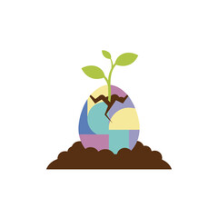 Abstract Geometric Pattern Easter Egg Cracking Open with a Green Sprout Growing from Soil, Minimalist Concept of New Life and Spring Growth Art.