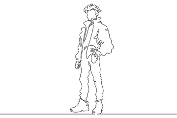 Fototapeta premium Continuous single line drawing fashionable teenager boy. Stylish young man on a walk.Linear.One continuous line isolated minimalist illustration. Not AI.