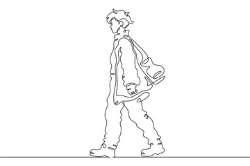 Fototapeta premium Continuous single line drawing fashionable teenager boy. Stylish young man on a walk.Linear.One continuous line isolated minimalist illustration. Not AI.