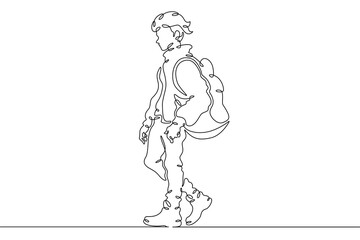 Obraz premium Continuous single line drawing fashionable teenager boy. Stylish young man on a walk.Linear.One continuous line isolated minimalist illustration. Not AI.