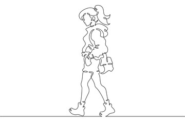 Fototapeta premium Continuous single line drawing fashionable teenager girl. Stylish young woman on a walk.Linear.One continuous line isolated minimalist illustration. Not AI.