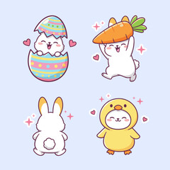 Happy Easter Bunny and Chick Character Set Featuring Bunny in Eggshell and Rabbit Holding Large Carrot, Cute Kawaii Style Vector Illustration Art.