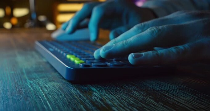 Slow motion Macro Shot Of Hands Typing On Keyboard At Night. Writing, Creativity And Digital Content Creation Concept, 1000 FPS