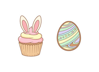 Delicious Easter Cupcake with Pink Frosting and Bunny Ears Alongside a Decorative Pastel Patterned Easter Egg Cute Food Vector Illustration Set