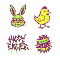 Neon graffiti style Easter set featuring cool bunny with sunglasses and spiked egg, edgy street art vector illustration for urban holiday design