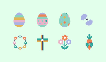 Minimalist Easter icons set with pastel eggs and spring elements, flat vector illustration of decorative holiday symbols isolated on mint background