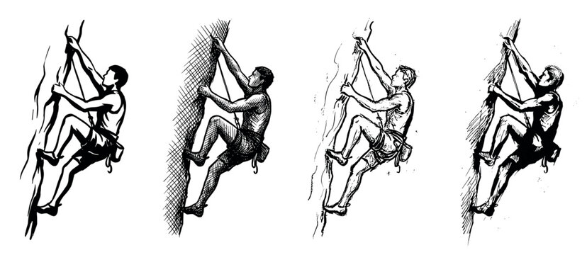 Set of four hand-drawn illustrations of a male rock climber scaling a steep cliff face, depicted in a dynamic black and white ink sketch style with various hatching techniques
