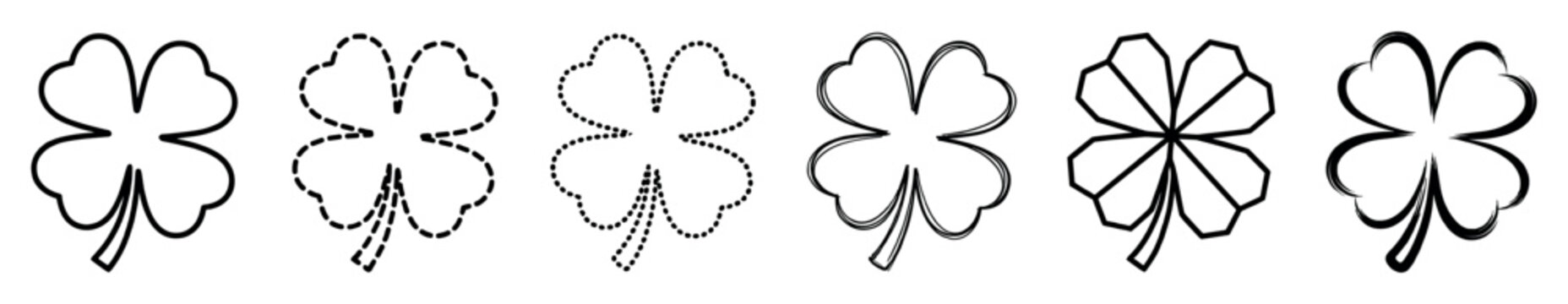 Collection of six four-leaf shamrock illustrations with different black outline designs, including simple line art, dotted, dashed, sketchy, geometric, and brush stroke styles