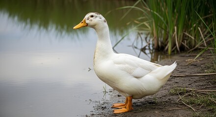 Obraz premium A white domestic duck with orange webbed feet stands calmly at the muddy edge of a tranquil pond, reflecting the serene beauty of natural habitat