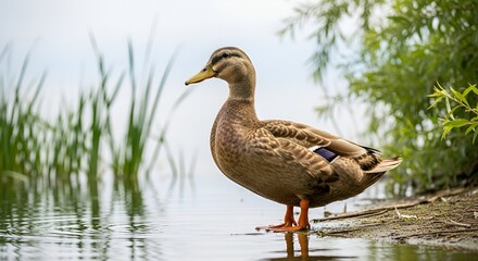 Fototapeta premium A solitary brown duck gracefully wades in the tranquil shallows of a reedy pond, reflecting the serene beauty of wetland wildlife and natural aquatic ecosystems