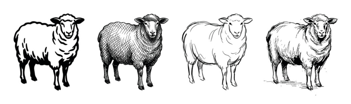 Four hand-drawn sheep illustrations in a collection of different artistic styles, from simple line art and stencil to detailed cross-hatching and ink sketch