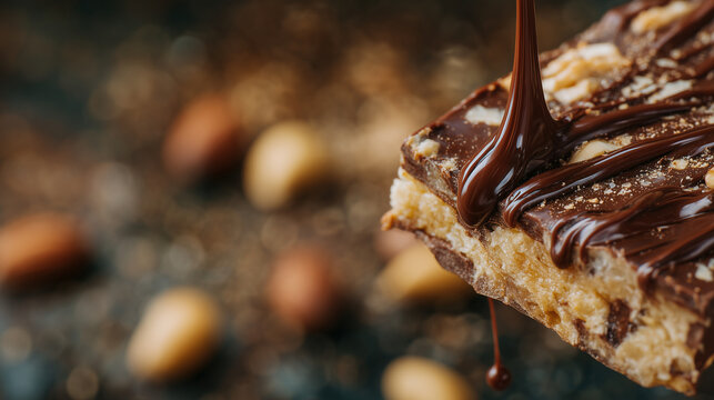 Macro close-up of a chocolate bar with crunchy nuts, halved to show texture, silky chocolate drizzle dripping slowly, dramatic shadows, indulgent confectionery concept