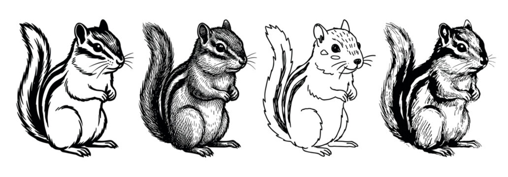 Set of four hand-drawn chipmunk illustrations in various black and white sketch styles, including detailed engraving and simple line art for a classic wildlife design