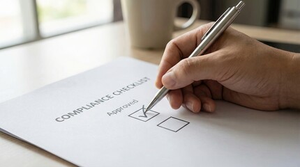 Person ticking approved on compliance checklist document with silver pen, quality control and regulatory standards concept in bright office
