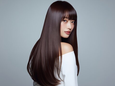 長いストレートヘアが美しく映える清潔感のある女性の横顔ポートレート