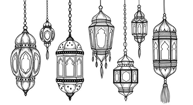Hand drawn ramadan lantern illustration set, hanging traditional arabic lamp line art for eid mubarak decoration