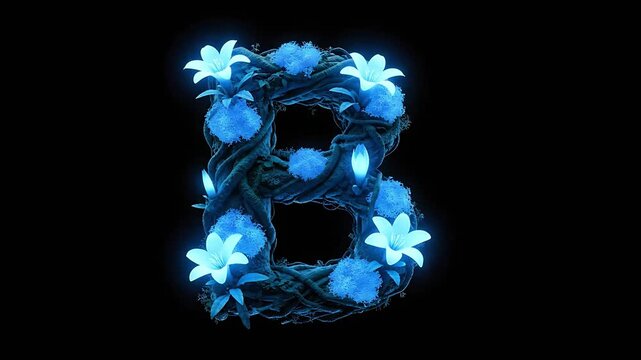 Capital letter B constructed from glowing blue organic tree roots moss and bioluminescent fantasy plants on a deep black background 3D rendered illustration