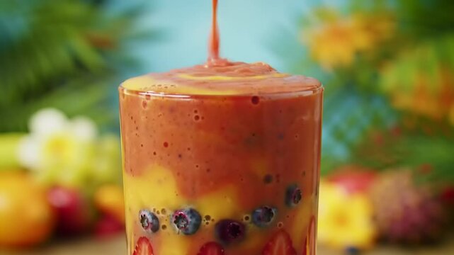 Pouring fresh fruity smoothie in glass.