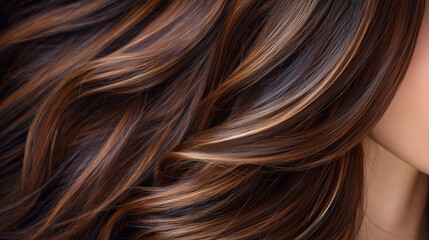 Fototapeta premium High-resolution close-up of a womanâs brown hair, layered strands and subtle highlights in focus, smooth bokeh background, professional cosmetic photography style