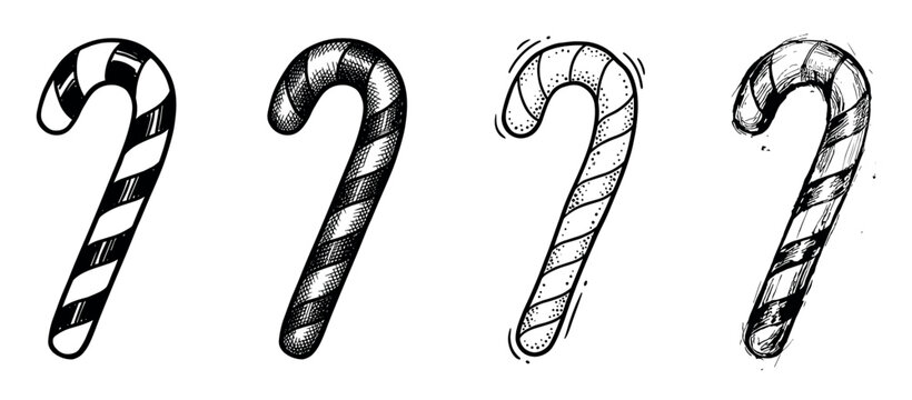 Set of four hand-drawn candy canes with striped patterns, showcasing different artistic styles like hatching, stippling, and rough sketching for a festive holiday design