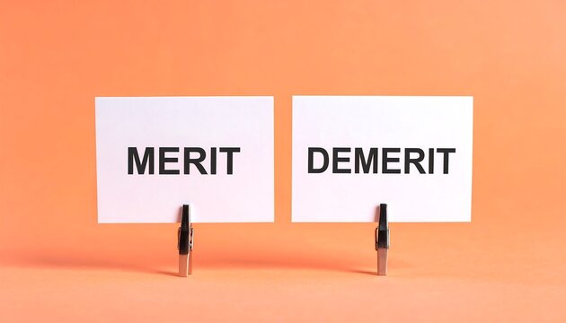 Two white cards labeled MERIT and DEMERIT showing concept of advantages and disadvantages