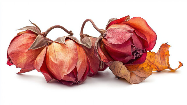 Three withered roses display their delicate petals and muted colors against a clean white background, evoking a sense of fragility and the passage of time.
