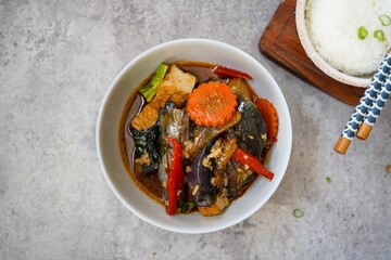 Thai Eggplant Curry served with Jasmine rice, selective focus