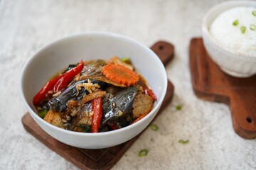 Thai Eggplant Curry served with Jasmine rice, selective focus