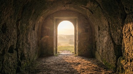 Bright light at the end of a dark stone tunnel or ancient cave doorway opening to a sunny landscape, concept of hope, future, and new beginnings
