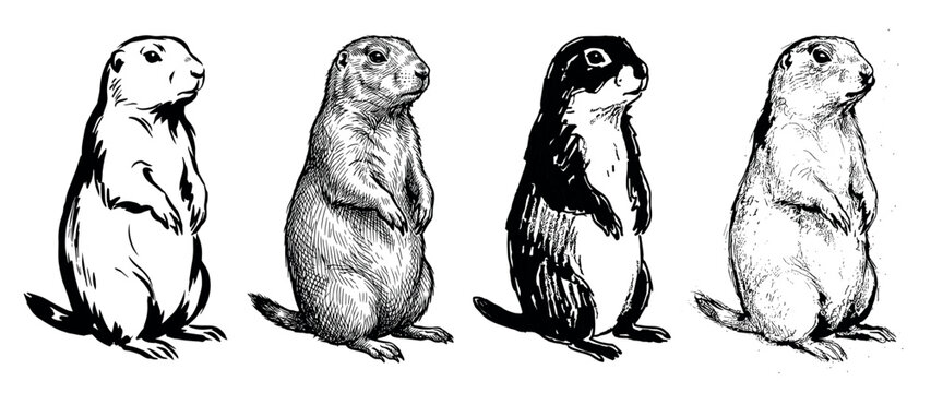 Four black and white prairie dog illustrations in a hand-drawn sketch style, showcasing a collection of different artistic techniques like line art, hatching, and high contrast