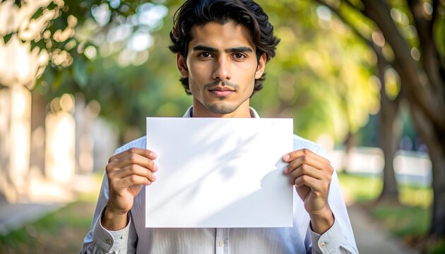 A man holding blank white sheet facing camera showing presentation and announcement concept