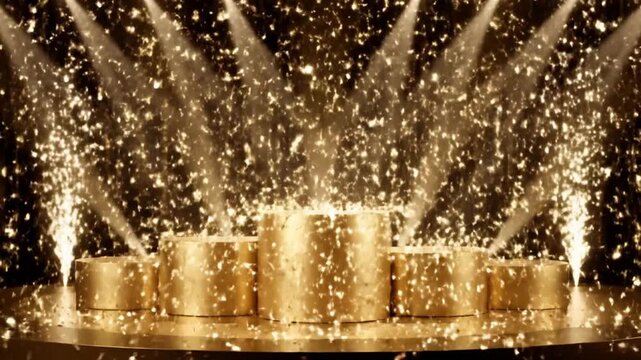 Celebratory fireworks exploding around champagne bottles on stage with confetti and spotlights