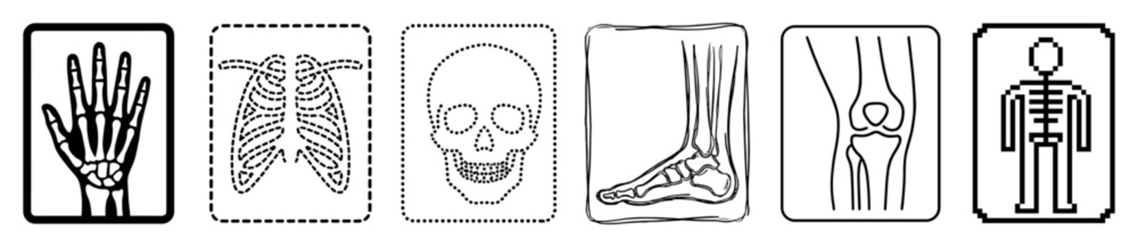 Collection of six black and white medical icons showing human skeletal parts like the hand, skull, ribs, foot, and knee in various artistic styles including line art and pixel art