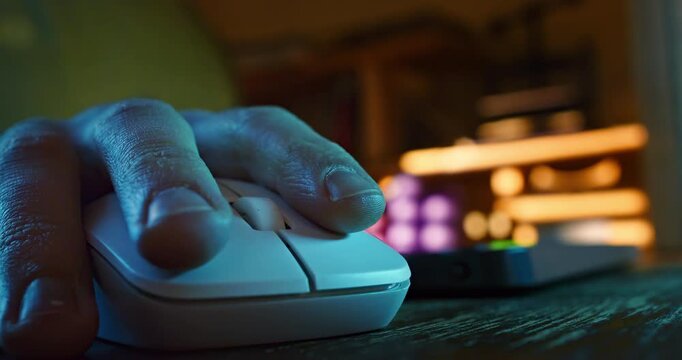  Slow Motion Close-up of a hand using a computer mouse in a dimly lit environment. Night-time work atmosphere representing freelance lifestyle, creative design, smart working and remote home office 