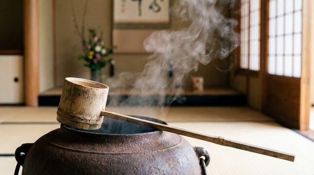 Traditional Japanese Tea Ceremony Room with Bamboo Ladle and Iron Kettle
