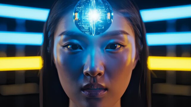 Asian Woman Displaying Head Mounted Futuristic Interface Technology